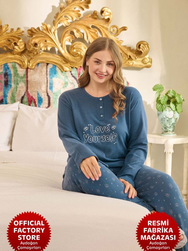 Kadın Mavi Pijama Takımı Battal Büyük Beden Termal Uzun Kollu Patlı B15-1 - 240680 - Aydogan ®