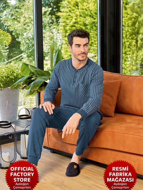 Erkek Lacivert Kışlık Pijama Takımı 2 İp Patlı %100 Pamuklu Uzun Kollu C8-2 - 240858 - Aydogan ®