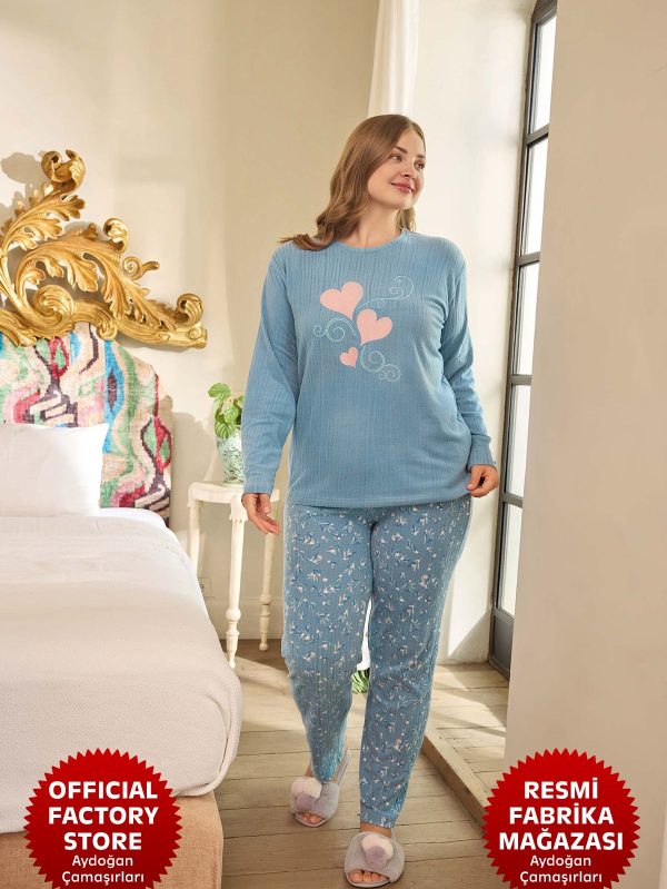 Kadın Mavi Pijama Takımı Battal Büyük Beden Termal Uzun Kol Bisiklet Yaka B15-3 - 240686 - Aydogan ®