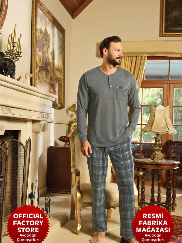 Erkek Gri Pijama Takımı Termal Uzun Kollu Patlı Bisiklet Yaka C6-4 - 240779 - Yeni Sezon - Aydogan ®