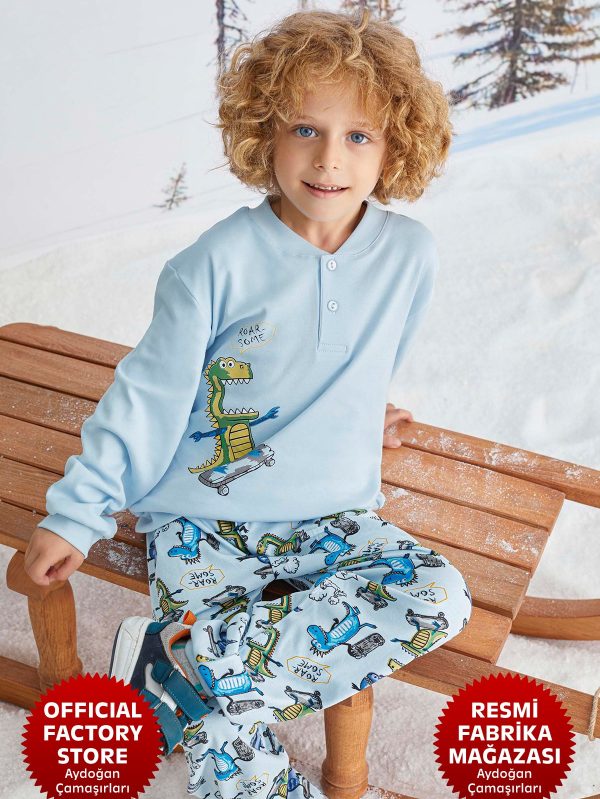 Erkek Çocuk %100 Pamuklu İnterlok Mavi Pijama Takımı A8-4 -1713 - Aydogan ®